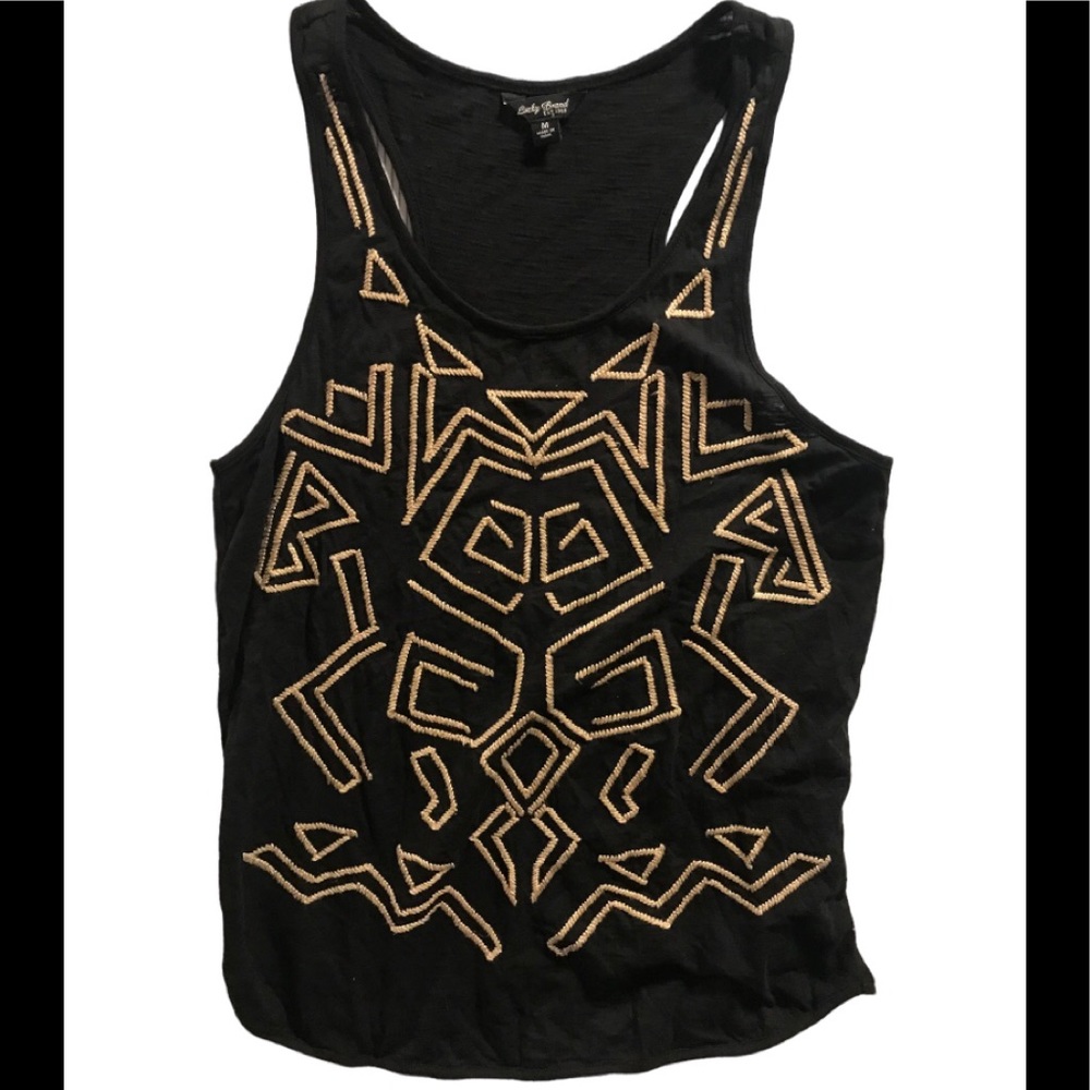 Lucky Brand Black Racerback Tank Top with Boho Tan Embroidering. Sz M.